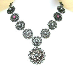 Gray Faux Pearl Clear Pink Rhinestone Pendant Necklace 19″ Black Filigree Metal