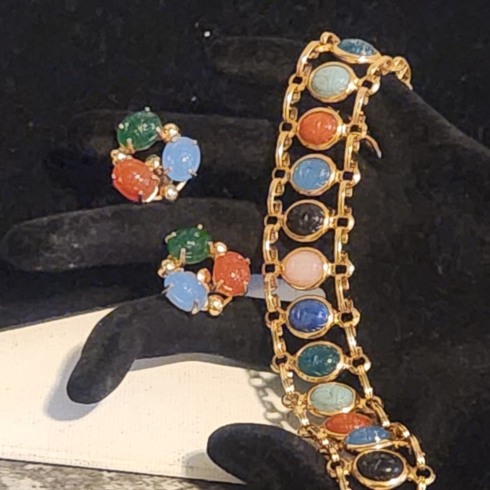 Vintage Scarab Bracelet and Clip On Earrings Set Gold Tone Multi Stone Jewelry