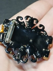 Craft Show Wear Art Brooch Flowers Encased In Lucite Black Rhinestone Copper Pin