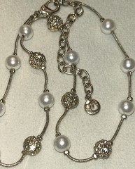 Vintage Swarovski Pearl Crystal Station Necklace Gold Tone Swan 16”-19” 1990’s