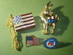 VINTAGE PATRIOTIC LOT (4) DEMOCRATIC DONKEY, REPUBLICAN ELEPHANT,US FLAGS Signed