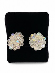 Vintage West Germany Aurora Borealis Glass Beaded Cluster Clip Earrings Clear