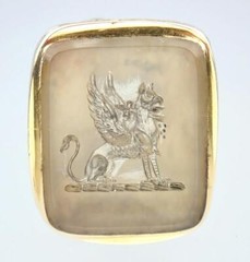 Superb Antique Georgian Gold Fill Chalcedony Griffin Sword Intaglio Seal Pendant
