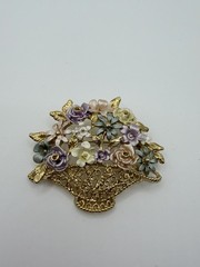 Vintage Gold Tone Filigree Flower Basket Brooch Pastel Enamel Spring Floral Pin
