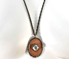 Liz Palacitos Enamel Stone Necklace Pendant Rhinestone Metal Bronze Pink 26″L