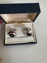 Shields Vintage Silver Tone Black Round Cufflinks Bullet Back Rhinestone Accent