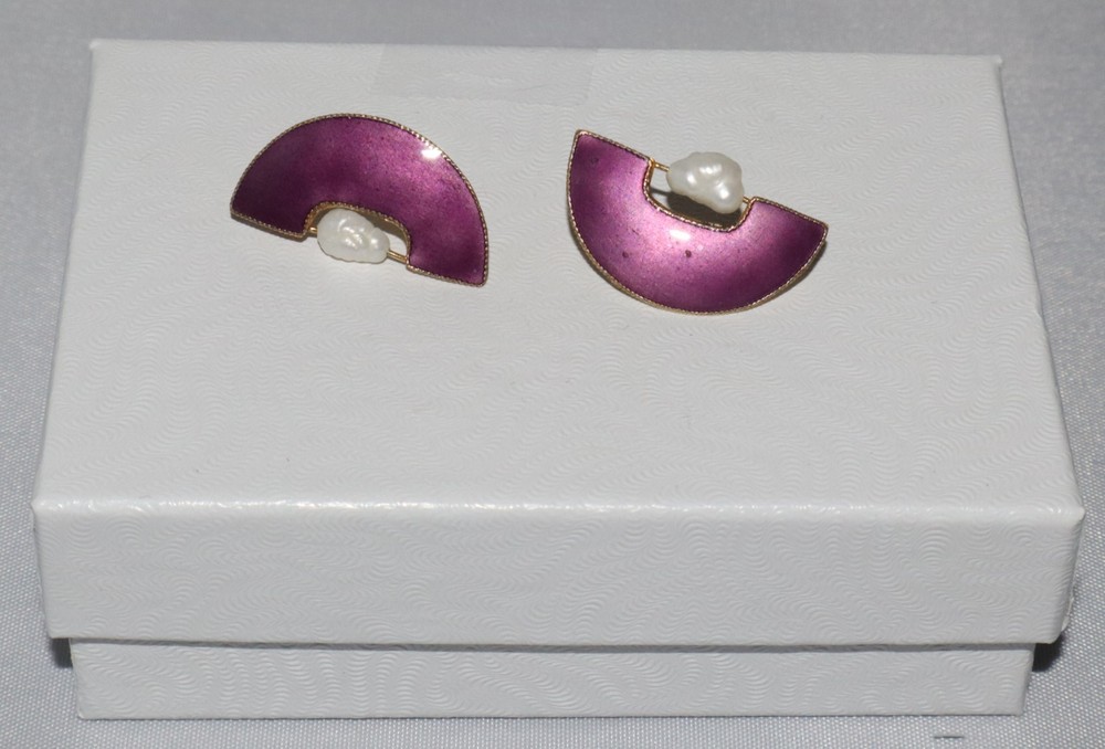 Vintage Sterling Silver Gold Wash Guilloche? Purple Enamel Pearl Post Earrings