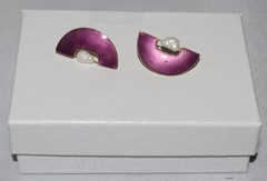 Vintage Sterling Silver Gold Wash Guilloche? Purple Enamel Pearl Post Earrings