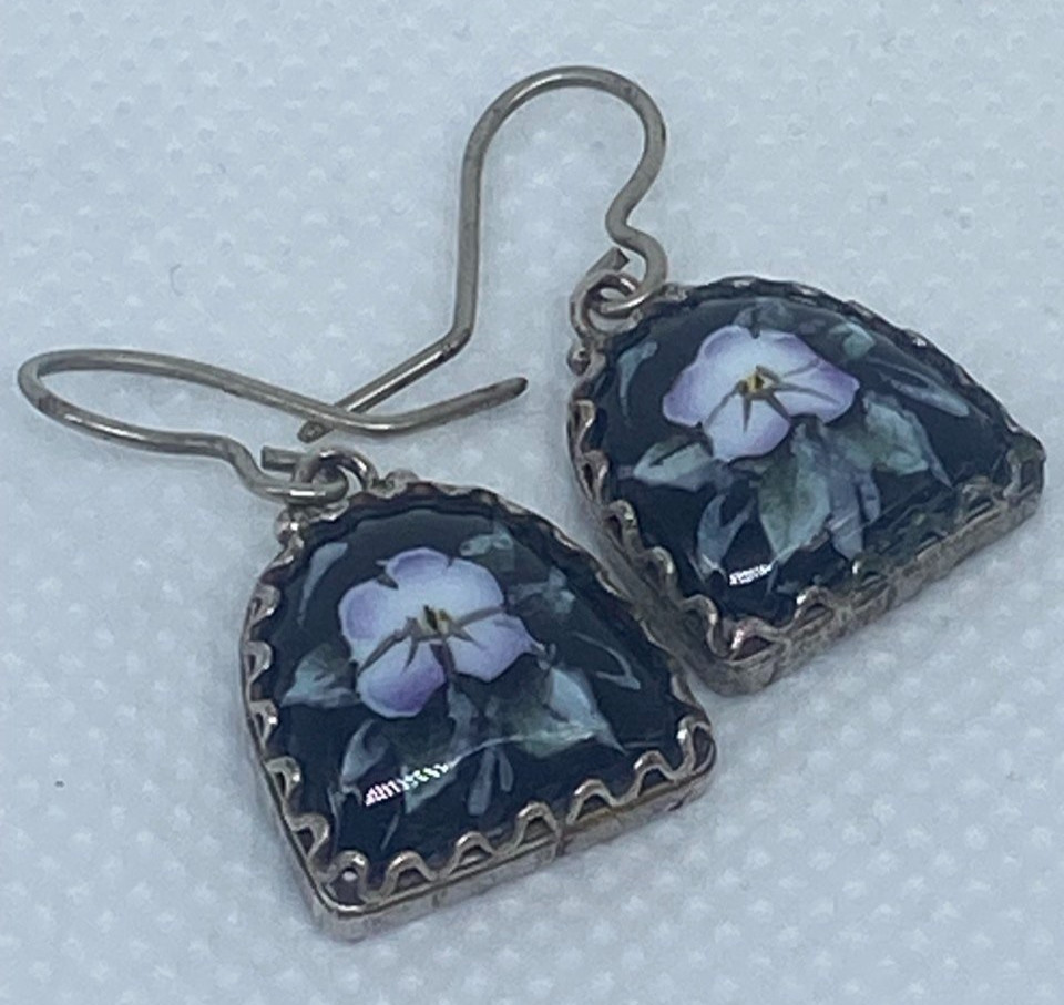 Vintage Earrings Rostov Finift Russian Enamel Painted Floral Dangle Silver Tone