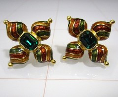 Joan Rivers Maltese Cross Gold Enamel Earrings Russian Dome Green Rhinestone VTG