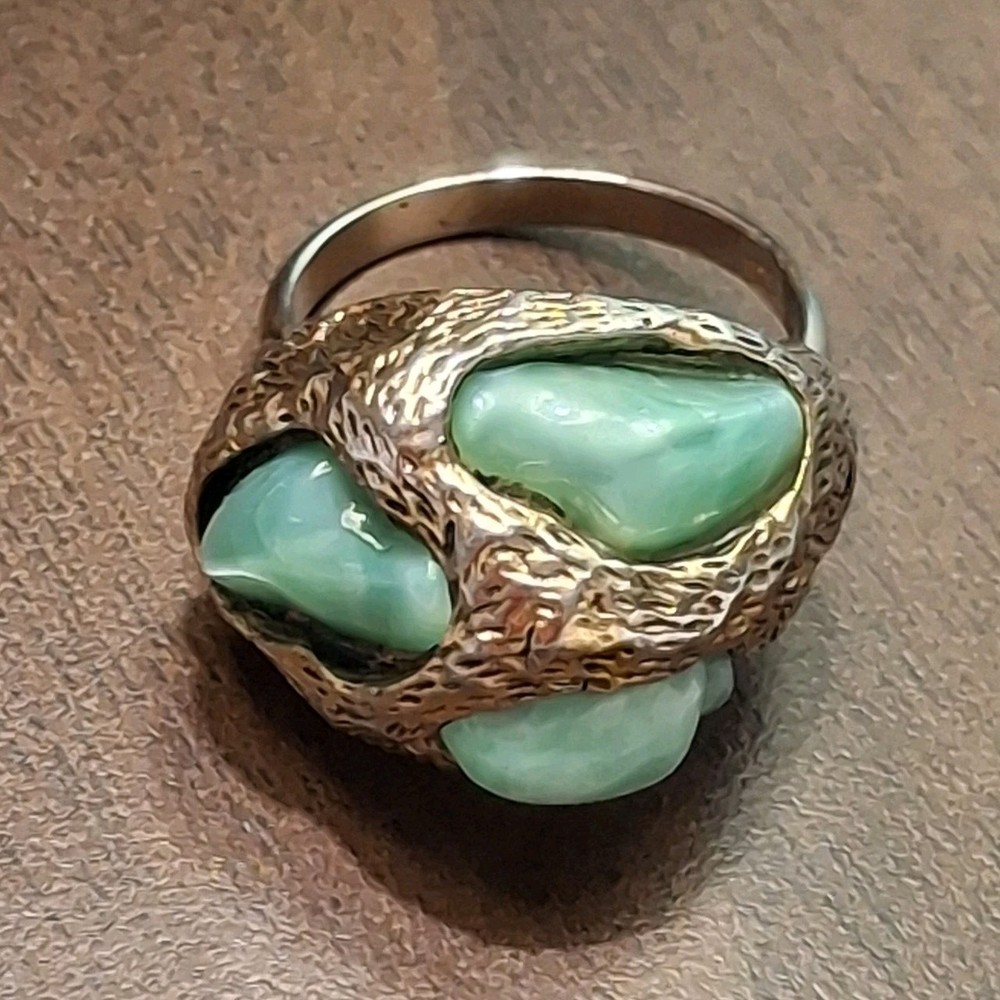 Vintage Brutalist Cocktail Ring 60s-70s Huge Faux Jade Poured Art Glass Adjusts