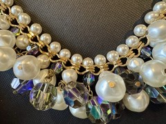 Vintage Filigree Beads Cha Cha Beaded Necklace with Faux Pearls AB Rhinestones
