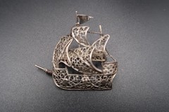 Vtg Brooch Pin Silver 800 Filigree Galleon Masted Ship Brooch Exquisite Detail
