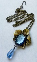 Vintage Necklace Art Nouveau Orchid Pendant Blue Rhinestone Czech Glass Drop