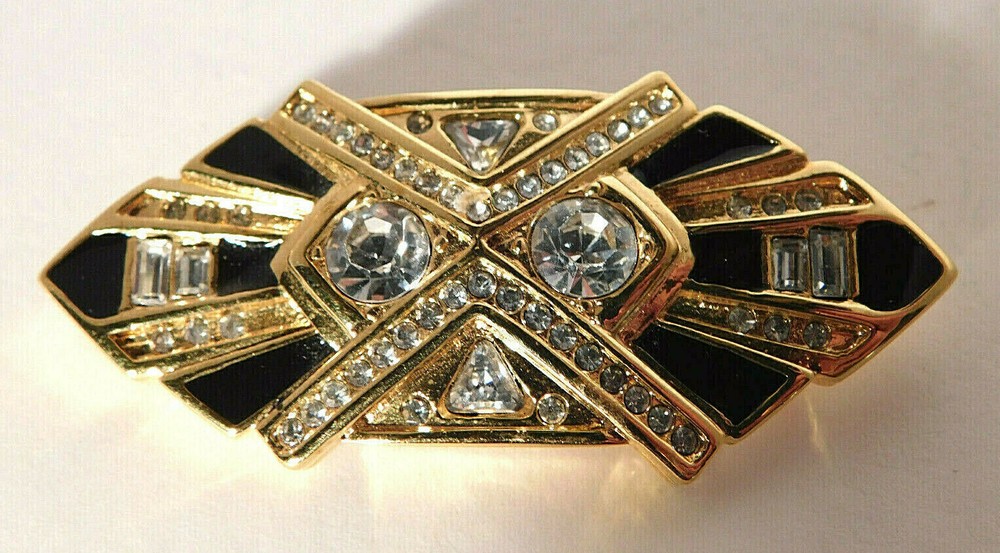 Vtg. Jackie Collins Gold Tone Black Enamel & Rhinestone Crystal Pin Brooch MINT