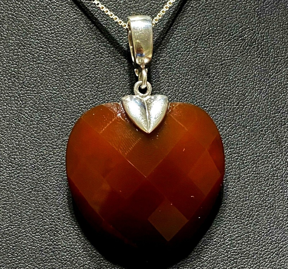 HUGE ESTATE STERLING SILVER FACETED CARNELIAN HEART OPEN SLIDE NECKLACE 18″ LONG