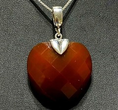 HUGE ESTATE STERLING SILVER FACETED CARNELIAN HEART OPEN SLIDE NECKLACE 18″ LONG