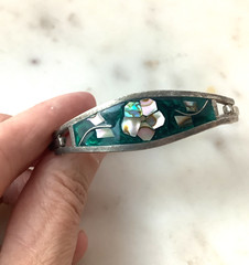 Vintage Abalone Silver Bangle Flower Bracelet Oval Shape Signed Taxco Mexico