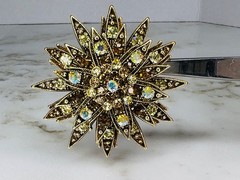 Stunning Starburst Aurora Borealis Textured Brooch Pin Goldtone 2 1/2 Inches