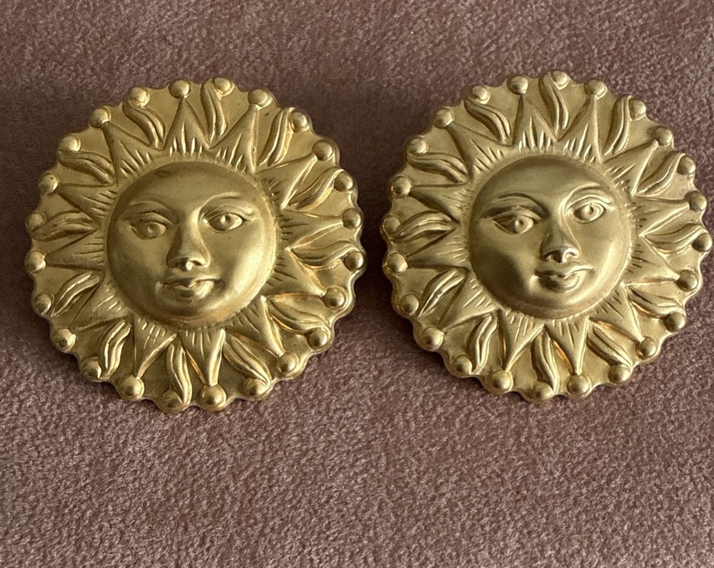 Vintage Gold Tone 1990’s Celestial Sun Face Pierced Earrings