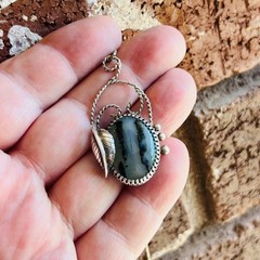 Sterling Silver Old Pawn 925 Necklace Pendant Southwest Moss Agate Oval Leaf 24″