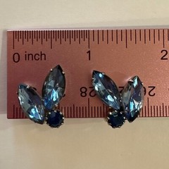 1960s Vintage Blue Rhinestone Clip On Earrings Cocktail Party Jewelry
