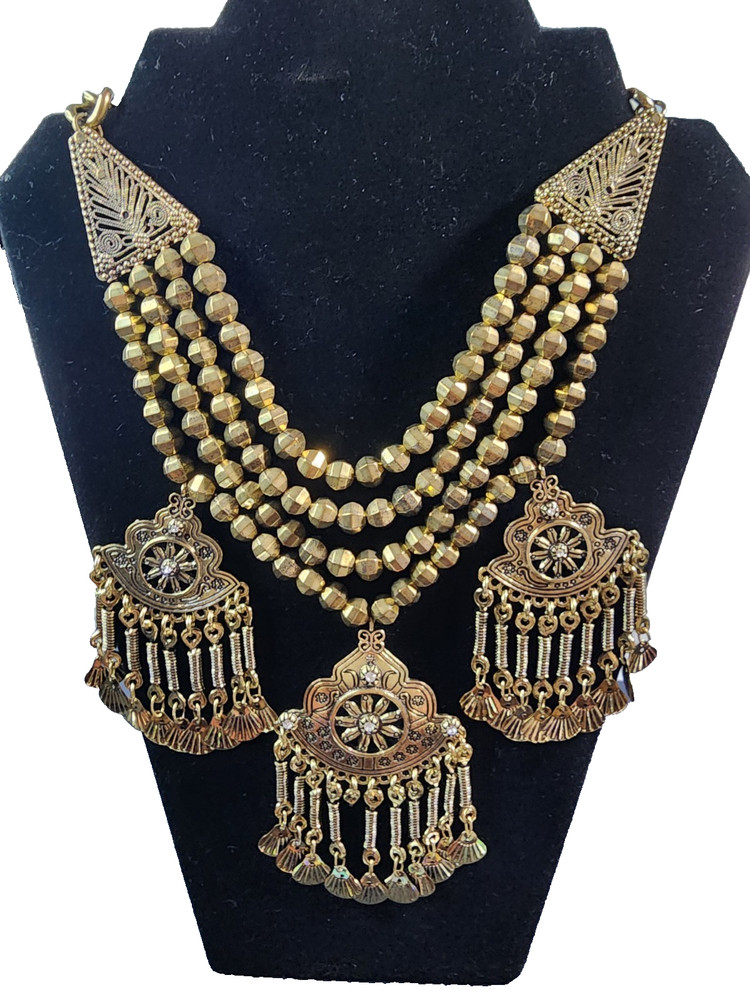 Vtg Boho Tribal Chandelier Charm Collar Ethnic Statement Brass Tone Necklace Art