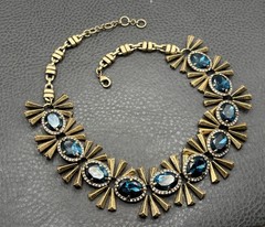 Vintage Chunky Blue Crystal Rhinestone Starburst Statement Y2K Necklace 20”