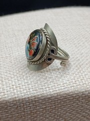 Russian Folk Art Ring Hand Painted Butterfly Floral Enamel Adjusts Vintage