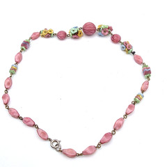 Art Deco Pink Satin Flower Melon Molded Glass Beaded 16.5″ Antique Necklace