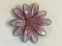 Gorgeous VTG 1970s Pink Rhinestone Enamel Flower Brooch 2.25” in Diameter