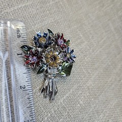 Vintage Enamel Bouquet Of Flowers Brooch Silver Tone Mid-century No Brand