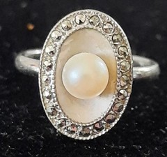 Vintage Theda 925 Sterling Silver Faux Pearl Pendant And Matching Size 6 Ring 💍