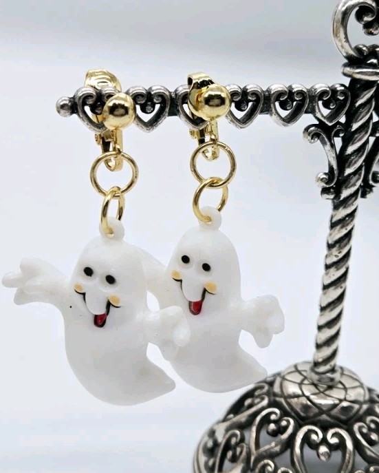Halloween Earrings Ghost Shape Dangle Clip On Plastic Gold tone 2.5 in