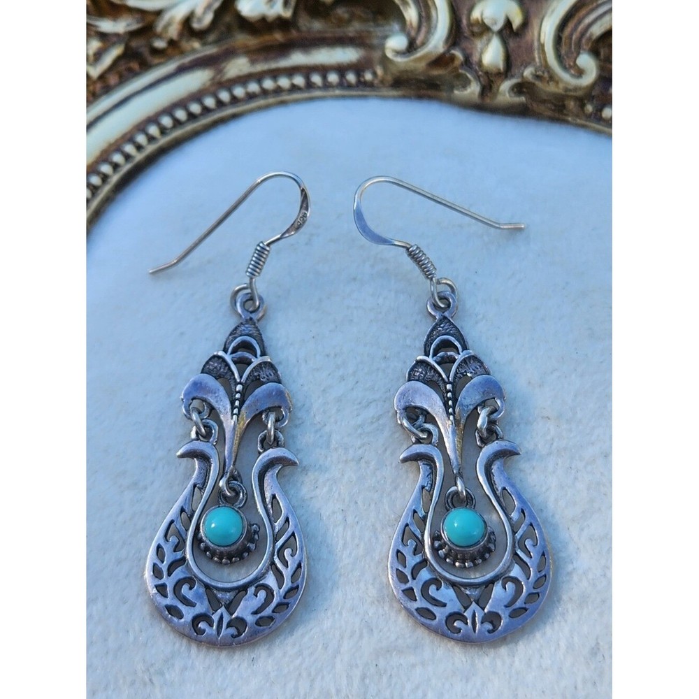 Vintage 925 Sterling Silver Turquoise Filigree Drop Dangle Earrings
