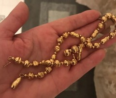Vint.Textured Metal 2 Size Beads Necklace-Hung On Metal Chain, Push Release Open