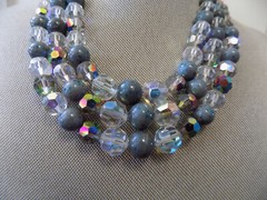 Vtg 1960 Christian Dior Signed 3 Strand Gray Art Glass AB Crystal Bead Necklace