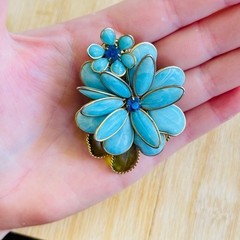 VTG Estate W. Germany Pin Brooch Blue Flower Rhinestone Celluloid Large Signed