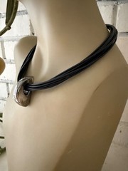 STERLING SILVER MULTI ROW LEATHER CORD MODERNIST NECKLACE SLIDING PENDANT 16″