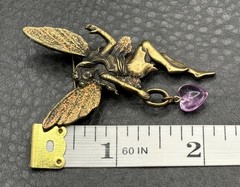 JJ Jonette VTG Gold Tone Fairy Brooch Pin Purple Heart Glitter Wings Mystical
