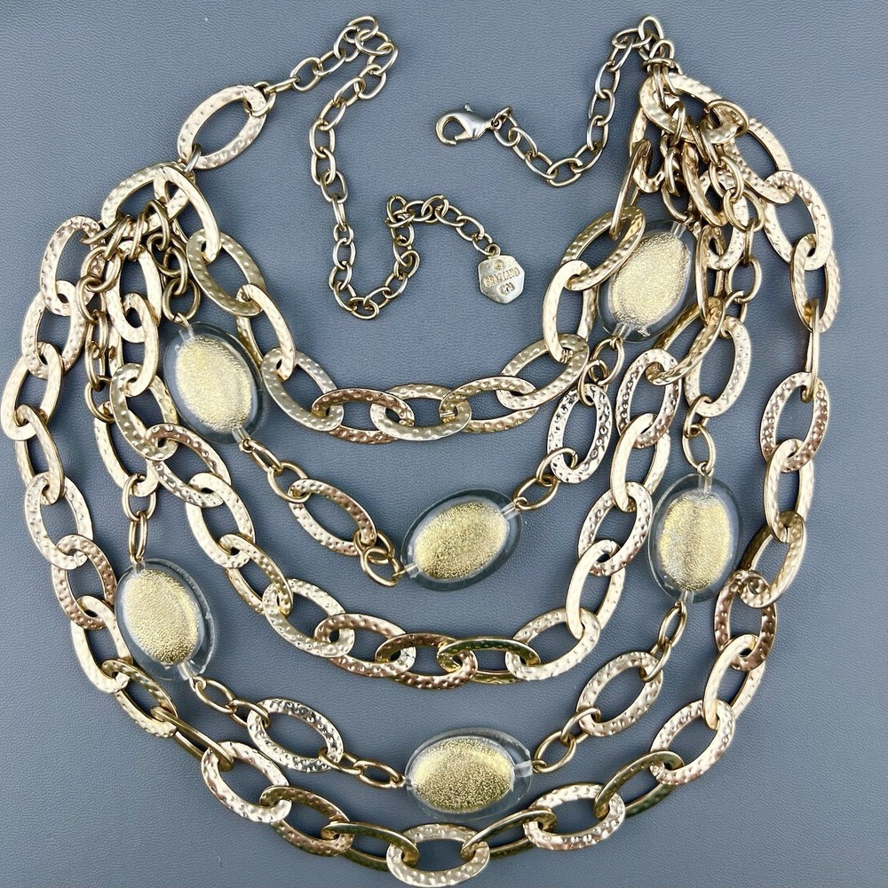 Vintage Graziano Necklace Statement Hammered Link Acrylic Gold Tone Signed 18”