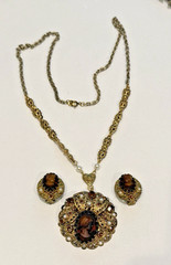 VINTAGE SIGNED WEST GERMANY GLASS CAMEO NECKLACE & EARRING SET