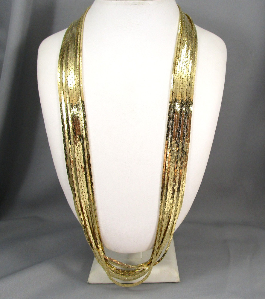 Vintage Gold Tone 10 Chains 24″Long Fold Over Clasp Fashion Necklace 802