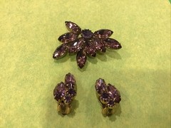 Vintage Purple Marquise and Round Rhinestone Brooch Pin and Earings Set