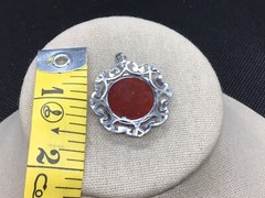 Vintage Silver Tone Costume Carved Floral Burgandy Glass Stone Pendant C526