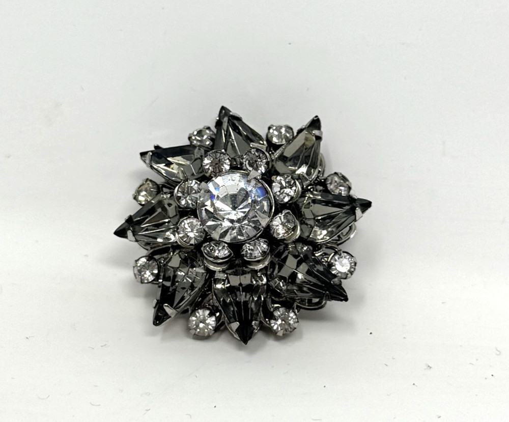 Vintage Miriam Haskell Signed Rhinestone Starburst Brooch Smoky Gray Navette Mid