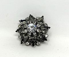 Vintage Miriam Haskell Signed Rhinestone Starburst Brooch Smoky Gray Navette Mid