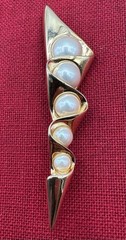 Vintage 80’s Modernist Gold Tone Faux Pearl Brooch Wavy Signed FO Retro 3.5 in.