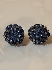 Vintage Handmade Studded Beads Blue Sequins Ornate Clip-On Screw Earrings K50