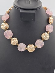 Vintage Pink Frosted Molded Glass & Gold Tone Bead Choker Necklace Hook Clasp